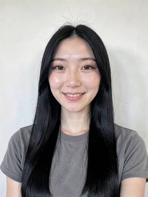 Before: Wolf cut with curtain bangs