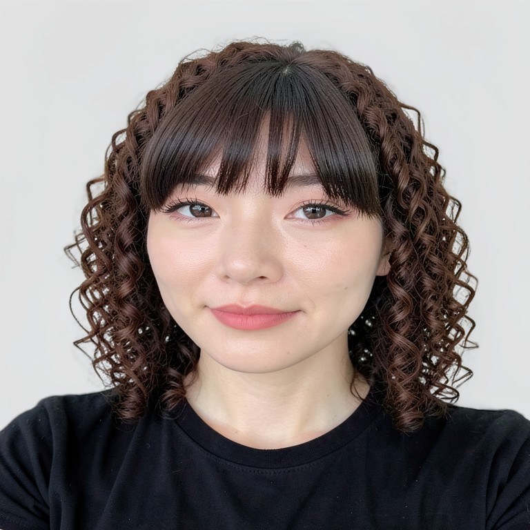 chest-length / spiral curls / full bangs