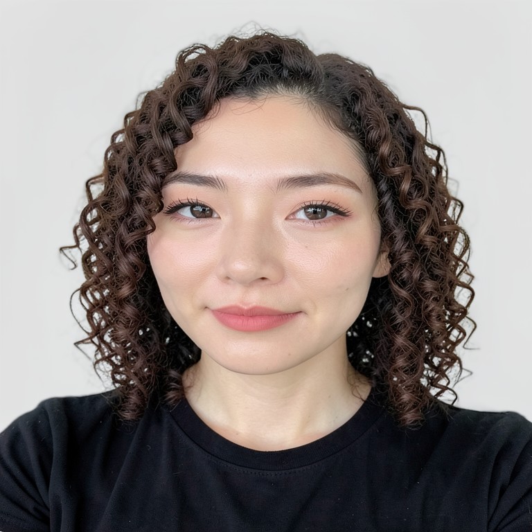 chest-length / spiral curls / no bangs