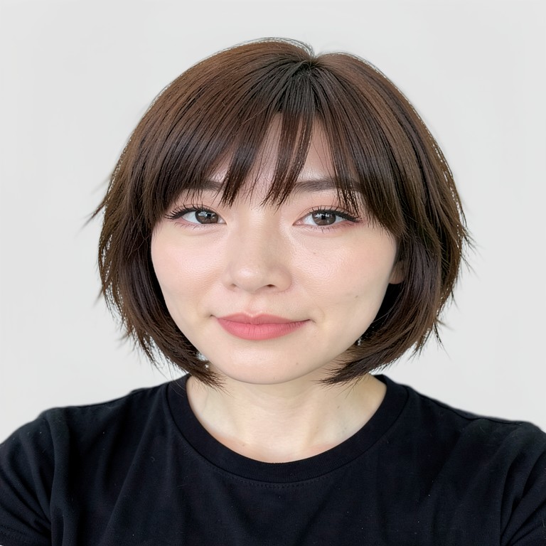 chin-length bob / airy layers / full bangs