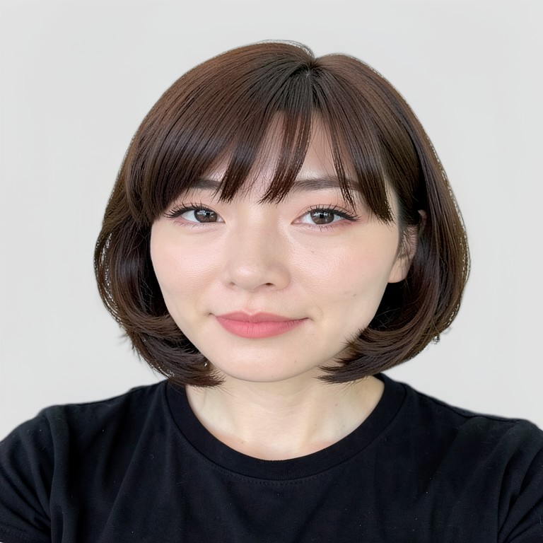 chin-length bob / inner C-curl / full bangs
