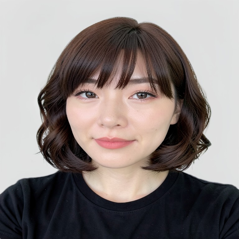 chin-length bob / glam waves / full bangs