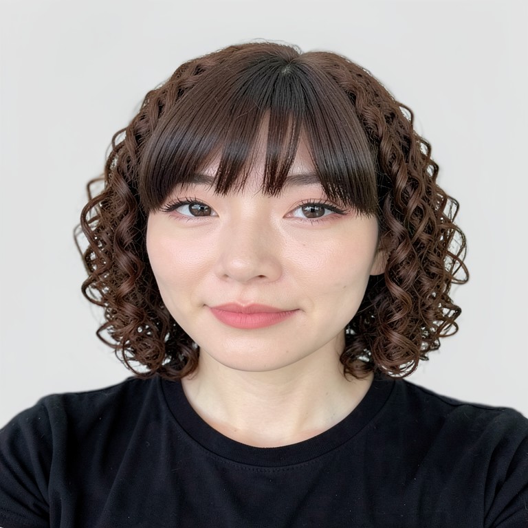 chin-length bob / spiral curls / full bangs