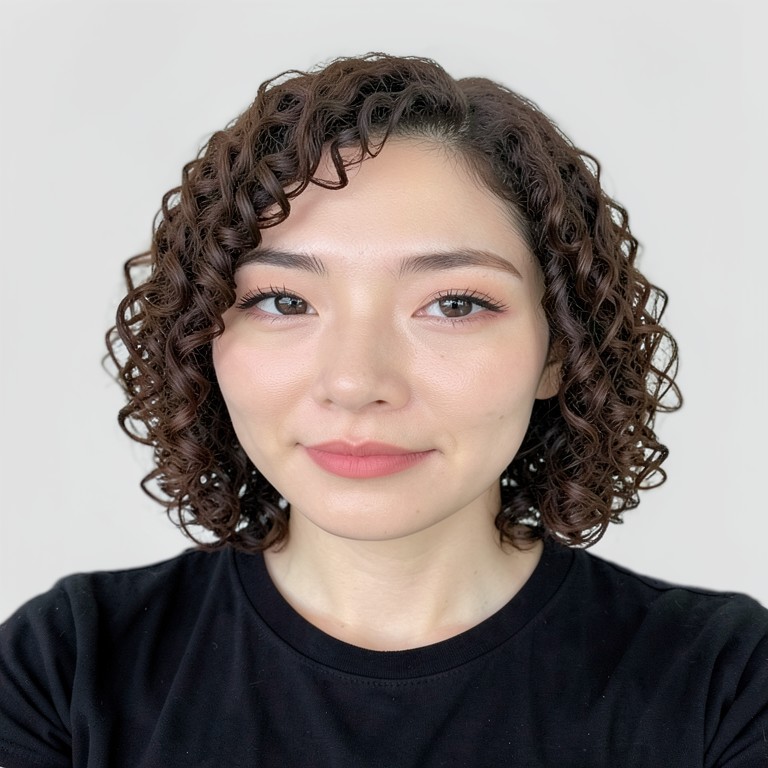 chin-length bob / spiral curls / no bangs