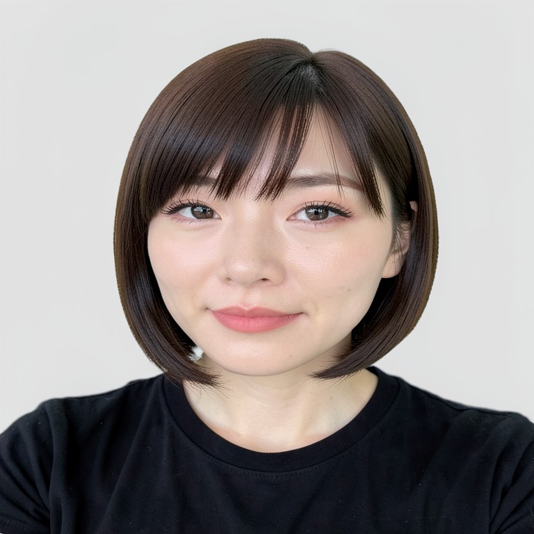 chin-length bob / sleek straight / full bangs