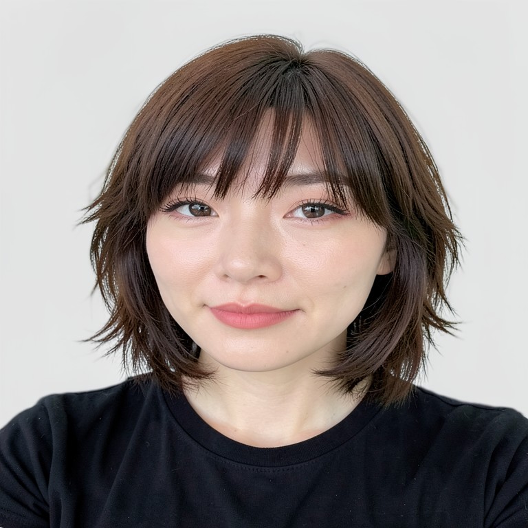 shoulder-length / airy layers / full bangs