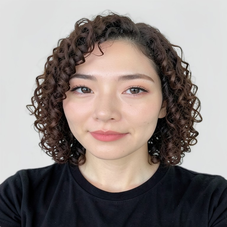 shoulder-length / spiral curls / no bangs