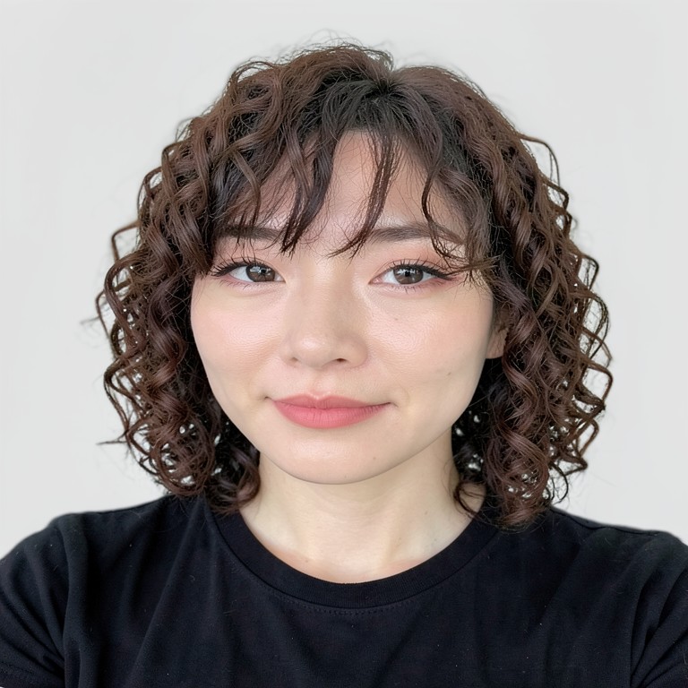 shoulder-length / spiral curls / see-through bangs