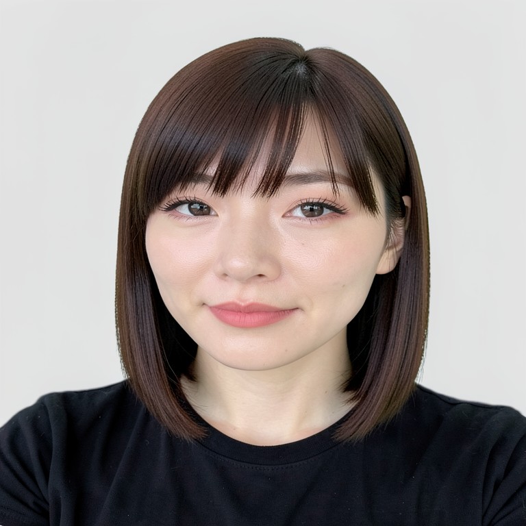 shoulder-length / sleek straight / full bangs